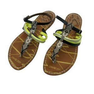 Sam & Libby 7.5 Sandals Flat Thong Black and Yellow w/ Ankle Strap
